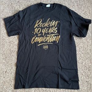 Zumba Fitness Black Tee with Gold "Rockin' 10 Years of Convention" Print